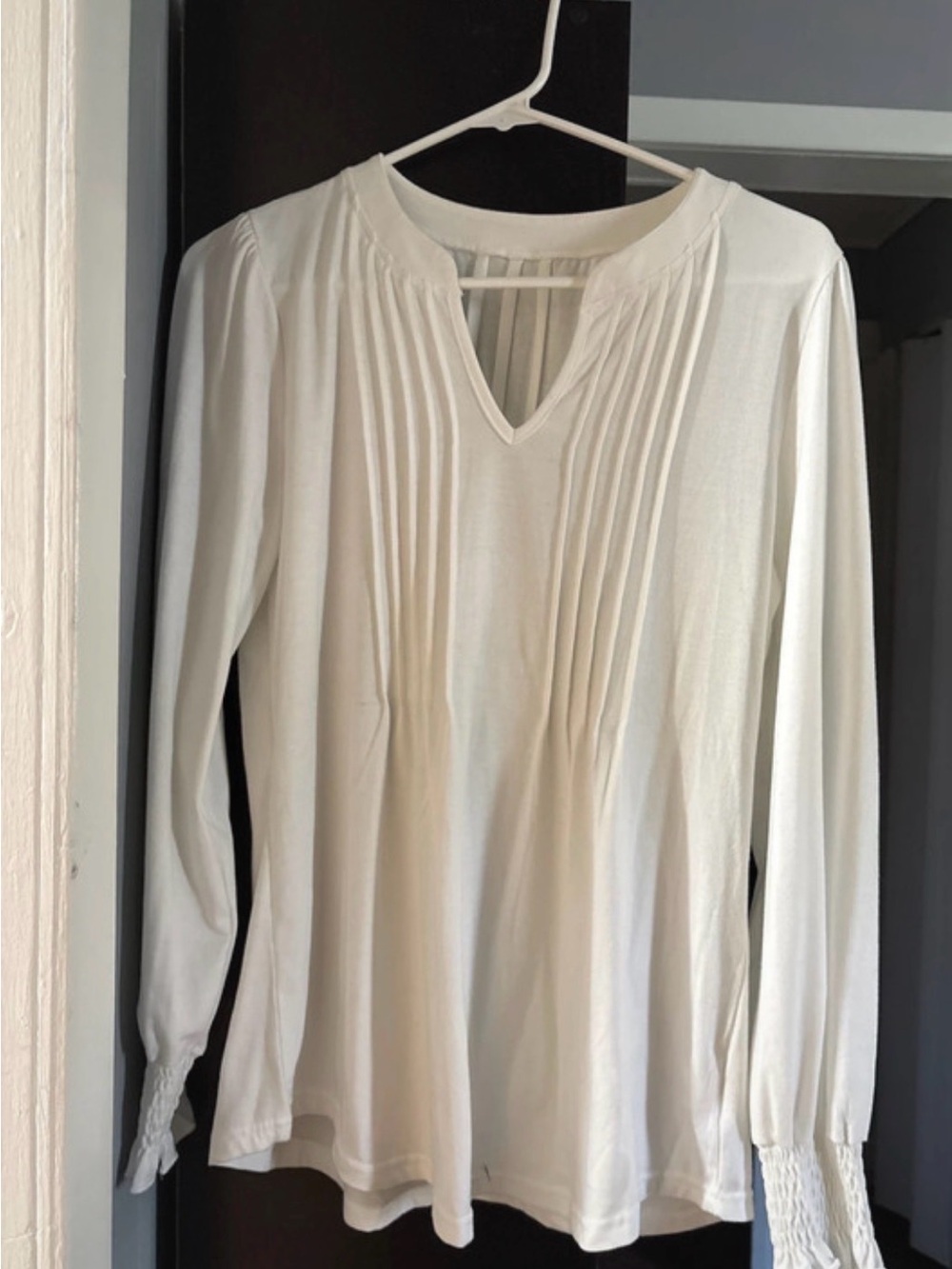 Women’s Cream Pintuck Long-Sleeve V-Notch Top